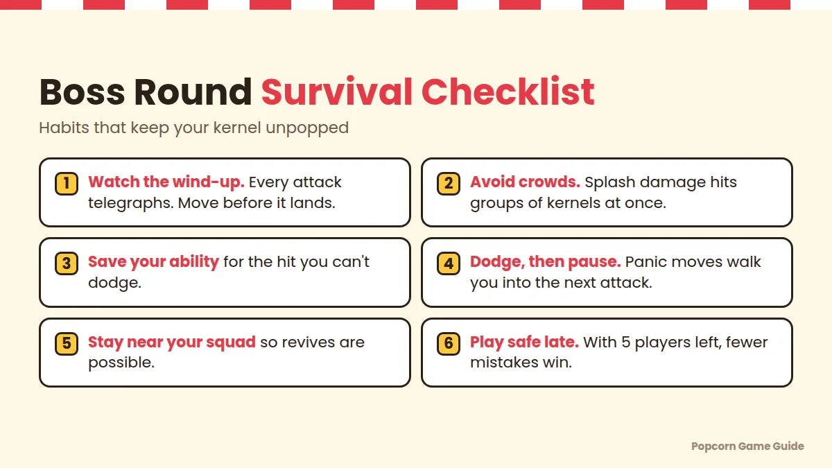 Boss round survival checklist for the Google Popcorn game