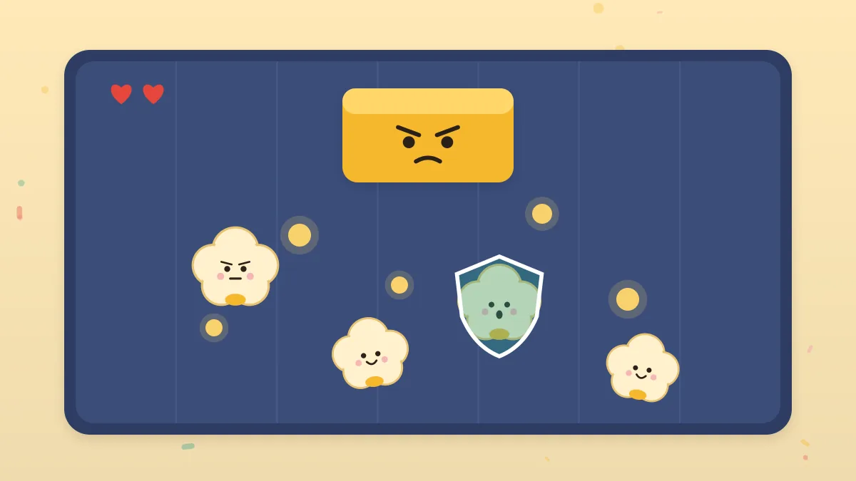 Cartoon popcorn kernels dodging a butter boss in the Google Popcorn Doodle game arena