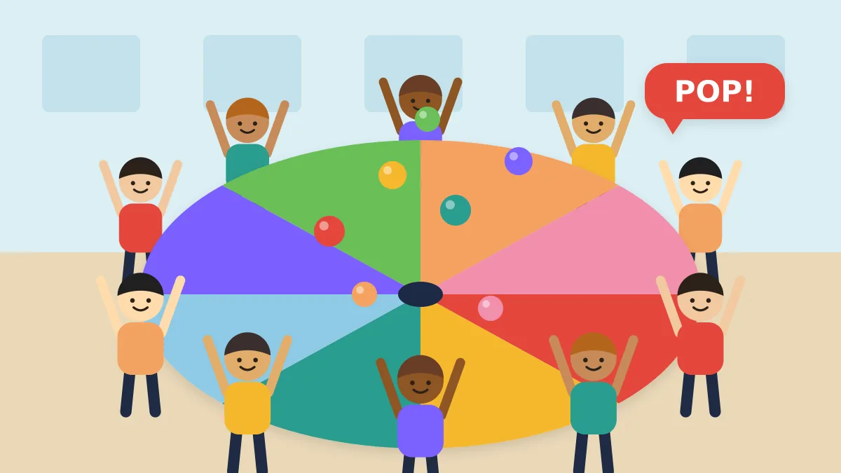 Parachute Popcorn, the classic PE popcorn game Children shaking a rainbow play parachute so soft balls bounce like popping corn