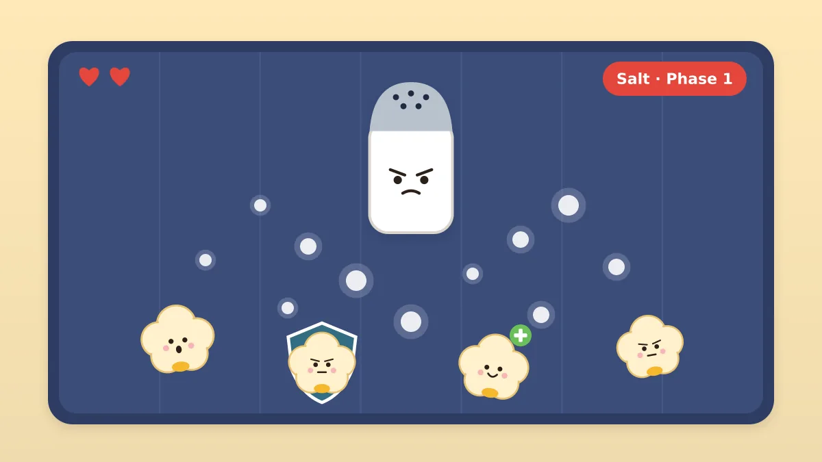 Google Popcorn Game Bosses: Butter, Salt, Fire & Microwave Phase-by-Phase Guide The Salt boss spraying projectiles at popcorn kernels in the Google Popcorn game arena