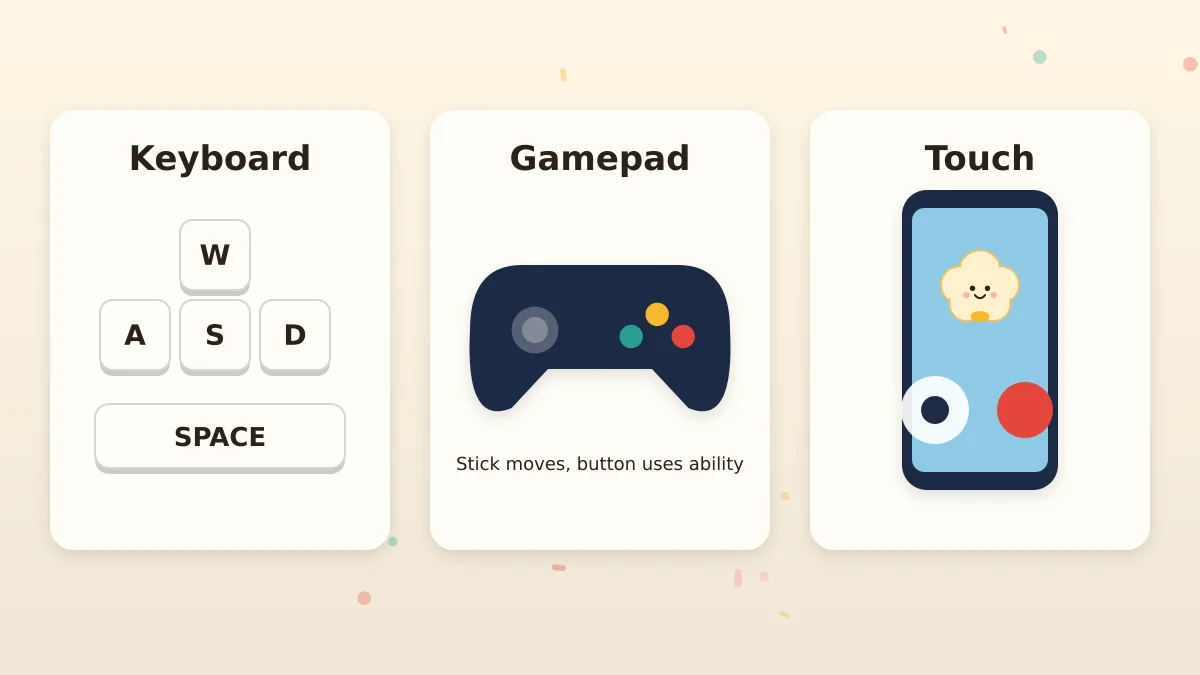 Popcorn game controls: WASD and Spacebar, gamepad, or touch Popcorn game controls for keyboard, gamepad and touch screen side by side