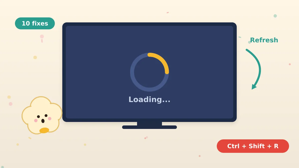 Google Popcorn Game Not Working? 10 Fixes That Actually Work A worried popcorn kernel next to a screen stuck on a loading spinner with a refresh shortcut