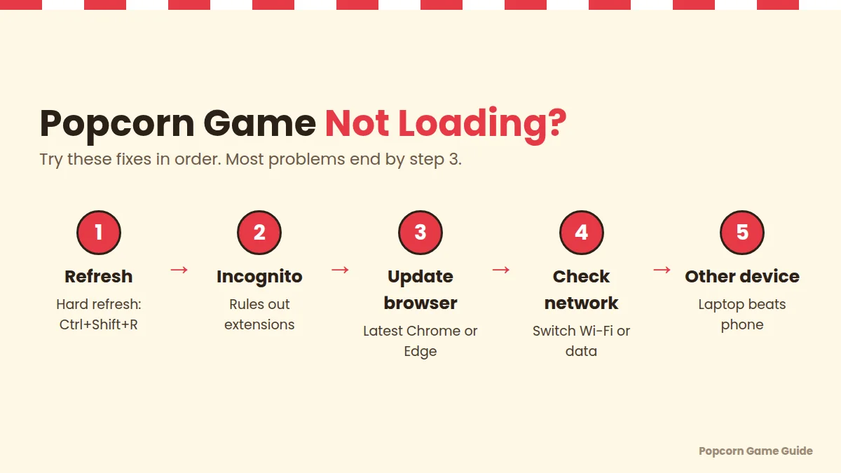 Fix flowchart for when the Popcorn game will not load Google Popcorn game not loading: 5-step fix flowchart