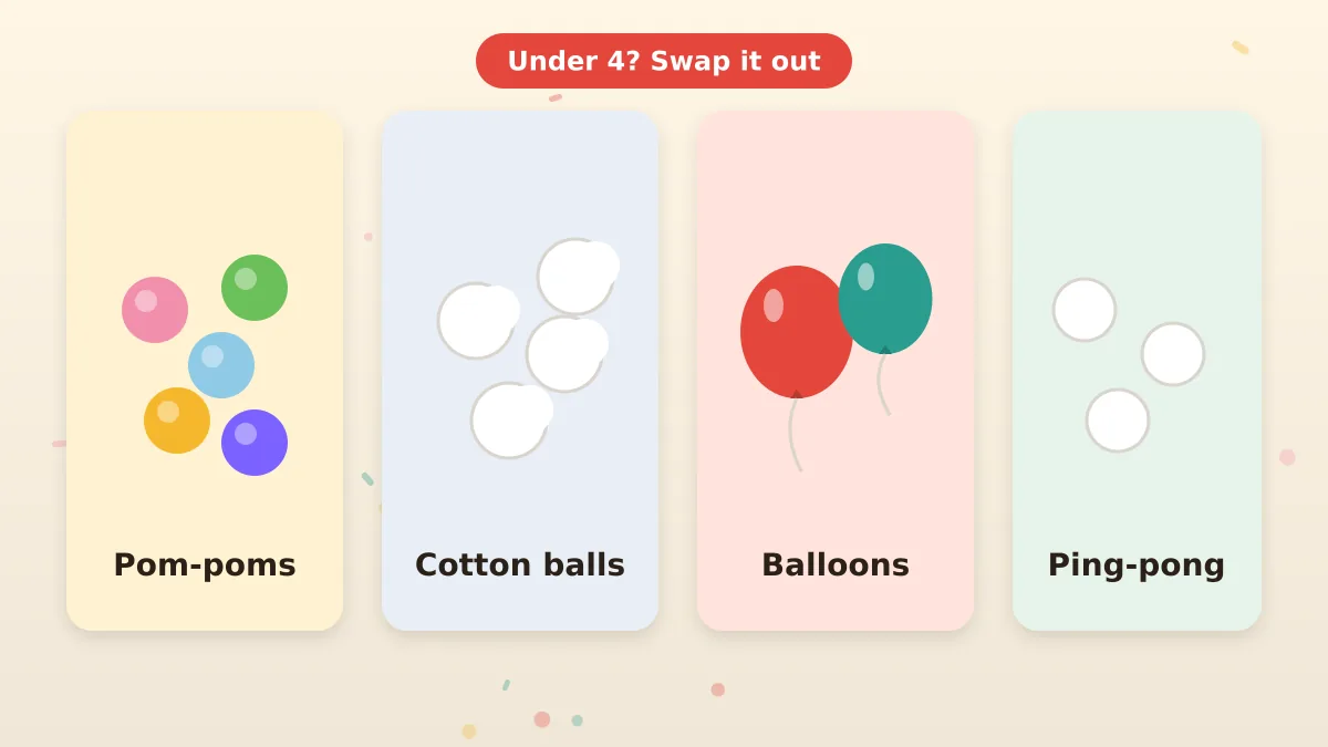 Safe swaps for popcorn games with toddlers Safe popcorn game swaps for young kids: pom-poms, cotton balls, balloons and ping-pong balls