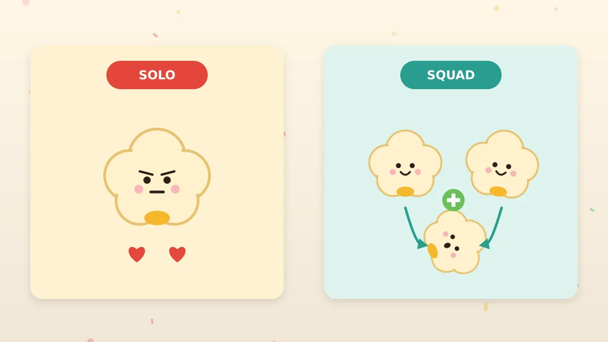 Solo mode vs Squad mode in the Popcorn Doodle Solo mode kernel alone versus a squad of three popcorn kernels reviving a teammate