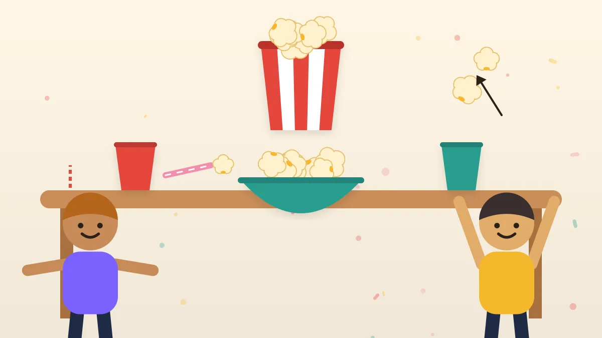 Popcorn party games for kids and families Kids playing popcorn party games with cups, straws and a bowl of popcorn on a table